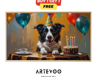 Dog Birthday Frame TV Art, Puppy Party Decor, Cute Dog Lover Samsung Wallpaper, Woof Birthday Sign 4K
