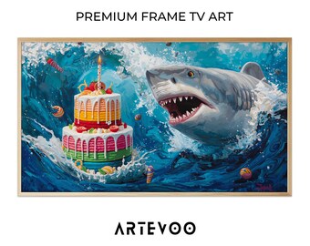 Shark Birthday Digital Painting, Whimsical Ocean Birthday Frame TV Art, Colorful Neon Cake Whimsical Decor