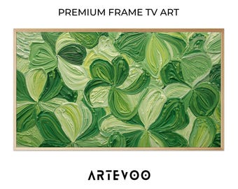 Stylized Three-Leaf Clovers Impasto Painting, Abstract Nature Samsung Frame TV Art, Textured Vibrant Green Decor