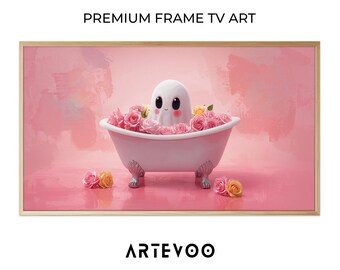 Pink Ghost Bathtub Painting, Halloween Frame TV Art, Spooky Pastel Floral Decor