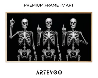 Three Skeletons Illustration, Halloween Frame TV Art, Dark Gothic Bone Decor
