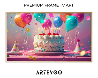 Birthday Cake 3D Render, Festive Celebration Frame TV Art, Vibrant Matte Pink Pastels Shimmering Confetti Stars Bokeh Background