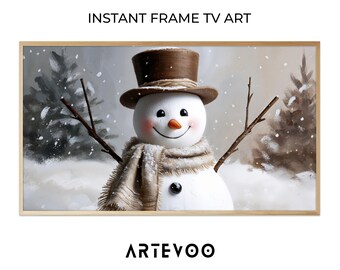 Vintage Snowman in Snow Samsung Frame TV Art, Retro Kids Cottagecore Digital Download, Cute Christmas Holiday Print