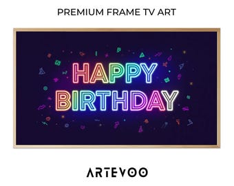 Neon Happy Birthday Illustration, Retro Synthwave Frame TV Art, Vibrant Colorful Purple Decor