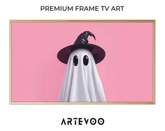 Pink Ghost Witch Painting, Halloween Frame TV Art, Spooky Pastel Decor