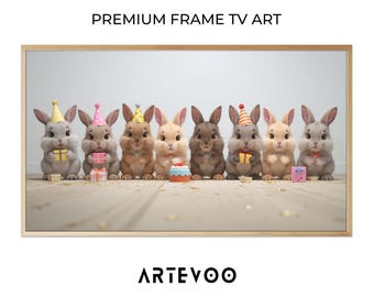 Cute Rabbits Birthday Illustration, Whimsical Animals Frame TV Art, Pastel Festive Kids Party Decor