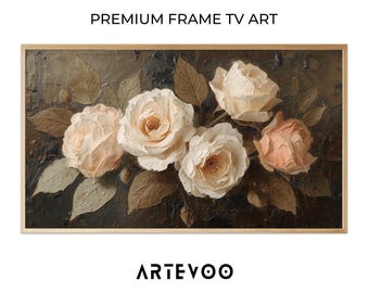 Blooming Roses Impasto Oil Painting, Floral Impressionist Samsung Frame TV Art, Cream Peach Moody Elegant Decor