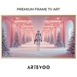May include: A rectangular digital print titled PREMIUM FRAME TV ART featuring a white stormtrooper walking down a pink-hued hallway lined with snow-covered Christmas trees and a large central chandelier, framed in light wood, with ARTEVOO text below.