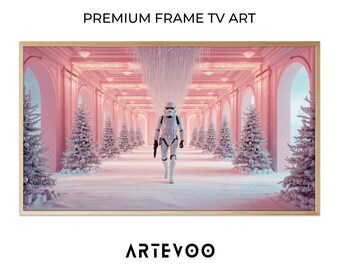 Pink Sci-Fi Soldier Painting, Holiday Frame TV Art, Festive Winter Corridor Decor