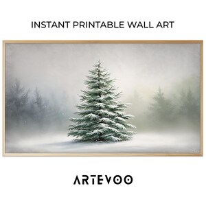 Christmas Tree Traditional Snowy Pine Forest, Antique Vintage Rustic Neutral Frosted Decorated, Christmas Printable Wall Art Decor Sign Post