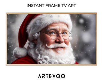 Santa Claus with Reindeer Sleigh Samsung Frame TV Art, Vintage Rustic Digital Download, Snowy Christmas Holiday Print