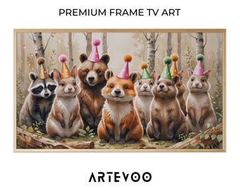 Forest Animals Birthday 3D Render, Cute Bear Fox Display, Frame TV Art, Cozy Festive Earthy Decor