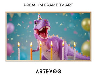 Purple T-Rex 3D Illustration, Kids Birthday Frame TV Art, Whimsical Teal Decor