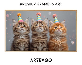 Maine Coon Kittens Photography, Cute Animals Frame TV Art, Whimsical Pastel Birthday Decor
