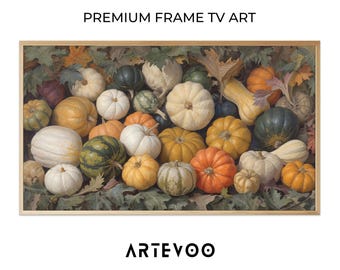 Gourds and Pumpkins Still Life Painting, Autumn Harvest Samsung Frame TV Art, Vibrant Textured Squash Decor
