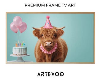 Highland Cow Birthday Portrait, Whimsical Frame TV Art, Pastel Teal Festive Decor