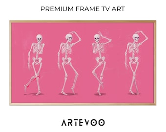 Dancing Skeletons Painting, Halloween Pink Frame TV Art, Pastel Spooky Aesthetic
