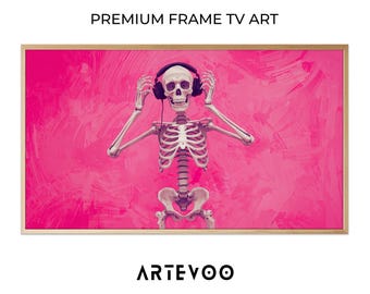 Dancing Skeleton Painting, Halloween Pink Frame TV Art, Headphones Spooky Decor