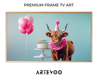 Highland Calf Birthday Studio Photograph, Birthday Dog Frame TV Art, Colorful Pink Balloon Blue Decor