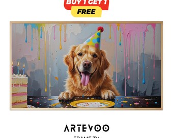 Dog Birthday Frame TV Art, Puppy Party Decor, Cute Dog Lover Samsung Wallpaper, Woof Birthday Sign 4K