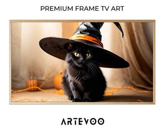 Black Cat Witch Hat Studio Photo, Halloween Spooky Frame TV Art, Whimsical Orange Pumpkin Burlap Aesthetic