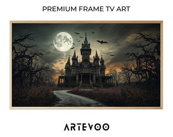 Gothic Victorian Mansion Illustration, Halloween Frame TV Art, Muted Orange Spooky Decor