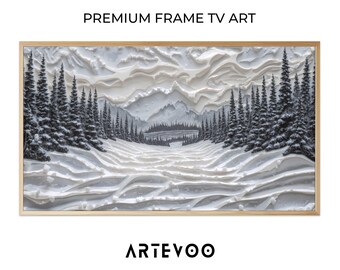 Winter Forest Relief Sculpture, Textured Landscape Samsung Frame TV Art, Monochromatic Misty Mountain Decor