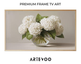 White Hydrangea Still Life Painting, Floral Realistic Samsung Frame TV Art, Elegant Glass Vase Neutral Decor