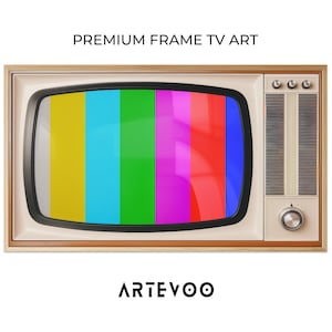 May include: A television screen displaying vertical color bars in yellow, cyan, green, magenta, red, and blue. The television has a light-colored frame and a side panel with knobs and a speaker grille. The text PREMIUM FRAME TV ART and ARTEVOO appear.