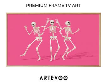 Pink Dancing Skeletons Illustration, Halloween Frame TV Art, Vibrant Pop Aesthetic Decor