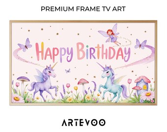 Unicorns Birthday Watercolor Banner, Cute Fairytale Display, Frame TV Art, Pastel Gold Celebration Decor