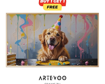 Dog Birthday Frame TV Art, Puppy Party Decor, Cute Dog Lover Samsung Wallpaper, Woof Birthday Sign 4K