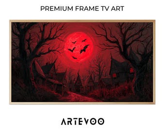 Haunted Village Painting, Pink Halloween Frame TV Art, Eerie Gothic Red Moon Decor