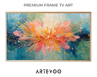 Abstract Blooming Flower Impasto Painting, Modern Colorful Samsung Frame TV Art, Vibrant Peach Pink Textured Decor