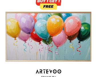 Balloon Impasto Frame TV Art, Textured Oil Painting Birthday Decor, Colorful Samsung Wallpaper, Artistic Party Sign