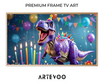 Purple T-Rex 3D CGI Render, Dinosaur TV Display, Frame TV Art, Purple Birthday Celebration Decor