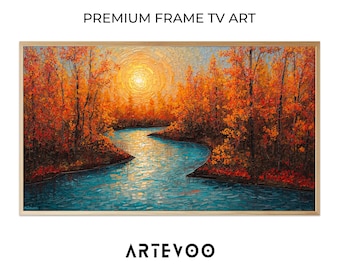 Autumn Landscape Winding River Painting, Impressionist Samsung Frame TV Art, Vibrant Red Orange Foliage Tranquil Decor