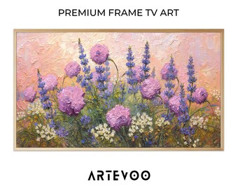 Impressionist Floral Garden Oil Painting, Vibrant Botanical Samsung Frame TV Art, Purple Pink Lavender Pastel Decor