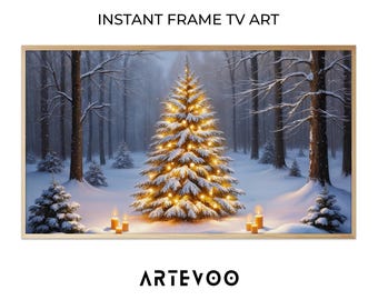 Snowy Christmas Tree Samsung Frame TV Art, Traditional Pine Forest Vintage Digital Download, Rustic Holiday Decor