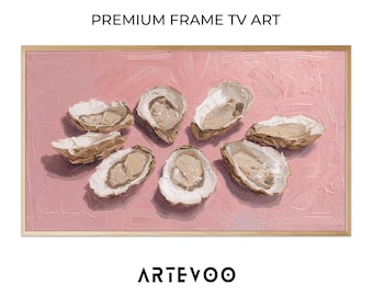 Opened Oysters Painterly Still Life, Impressionist Coastal Samsung Frame TV Art, Textured Pink Pastel Seafood Decor
