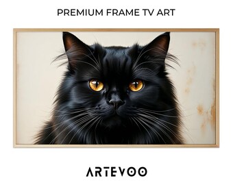 Fluffy Long Haired Black Cat Studio Portrait Painting, Halloween Golden Amber Eyes Frame TV Art, Weathered Cream Vintage Regal Decor