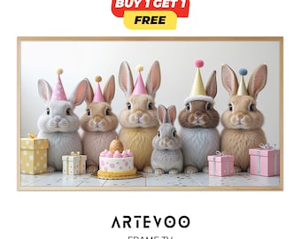 Bunny Birthday Frame TV Art, Cute Rabbit Party Decor, Soft Pastel Samsung TV Wallpaper, Easter Birthday Digital Art