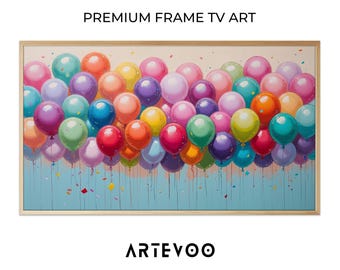 Balloons Impasto Painting, Pastel Nursery, Frame TV Art, Colorful Palette Knife Celebratory Decor