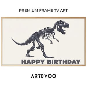 T-Rex Skeleton Minimalist Digital Render, Tyrannosaurus Rex Birthday Frame TV Art, Charcoal Grey Off-White Neutral Studio Lighting Decor