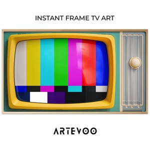 May include: A vintage-style television with a yellow frame and a colorful test pattern on the screen. The TV has a light green side panel with a beige knob and a wooden frame. The text "INSTANT FRAME TV ART" is at the top.