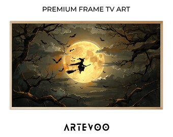 Witch Full Moon Silhouette Painting, Halloween Frame TV Art, Dark Eerie Night Decor