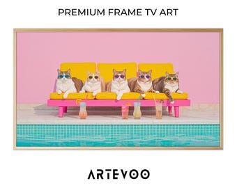 Lounging Cats Poolside Painting, Summer Vacation Frame TV Art, Vibrant Pink Drinks Decor