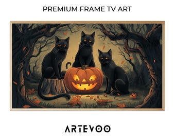 Vintage Black Cats Illustration, Halloween Frame TV Art, Muted Autumnal Autumn Decor