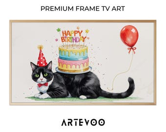 Tuxedo Cat Birthday Watercolor, Cute Animal TV Display, Frame TV Art, Festive Colorful Celebration Decor