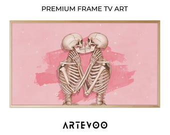 Pink Skeleton Kiss Painting, Halloween Frame TV Art, Romantic Soft Pastel Decor